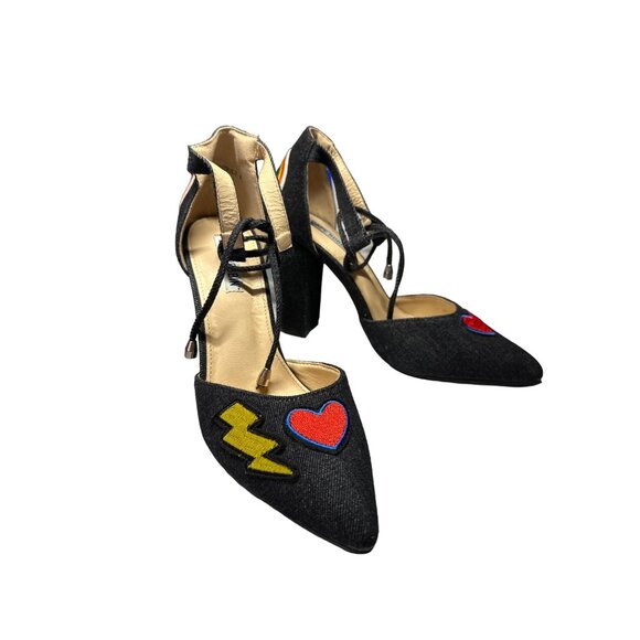Cape Robin Denim Sandals Patches Block Denim Heels Strappy Ankle Point Toe 8 - Picture 4 of 13